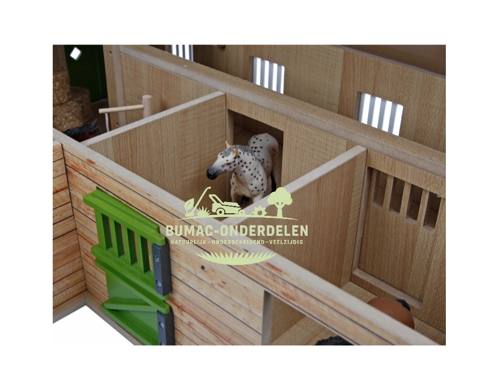 Kids Globe paardenhoekstal met 4 boxen en berging schaal 1:24, speelgoed onderdeel voor boerderij speelset, paardenstal met berging passend bij Kids Globe Farming speelgoed