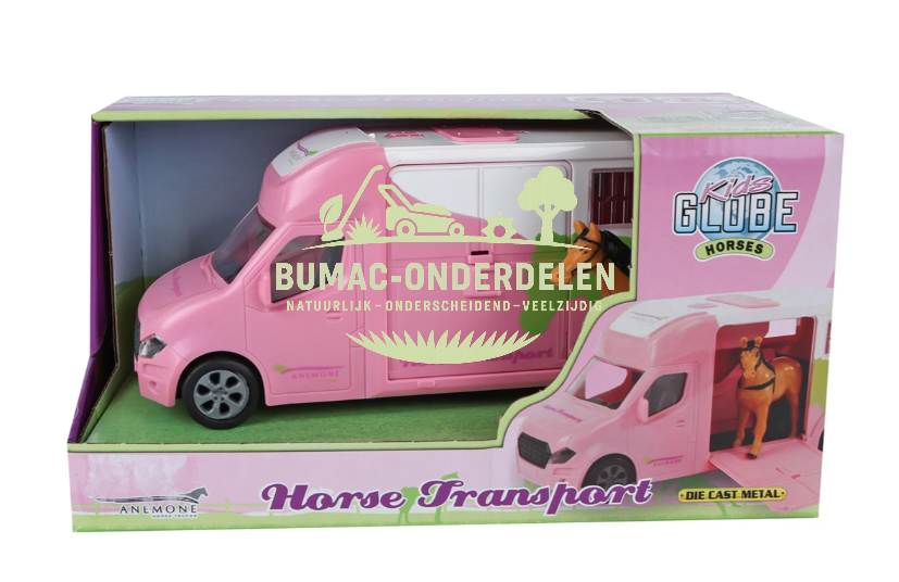 Kids Globe Anemone paardentruck roze 20cm, metalen die cast speelgoed vrachtwagen schaal 1:32, met licht en geluid, boerderij speelgoed voor paardenliefhebbers, onderdeel