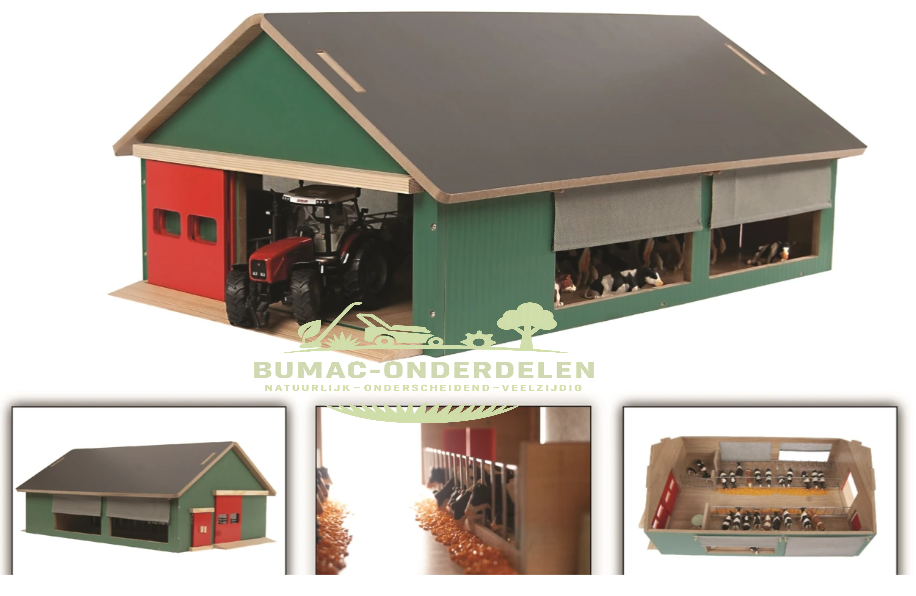 Kids Globe stal schaal 1:32 met 4x windbreekgaas, Grote Boerderij Speelset Schuur 64x44x27cm voor Koeien, Tractoren en Accessoires, speelgoed boerderijonderdeel