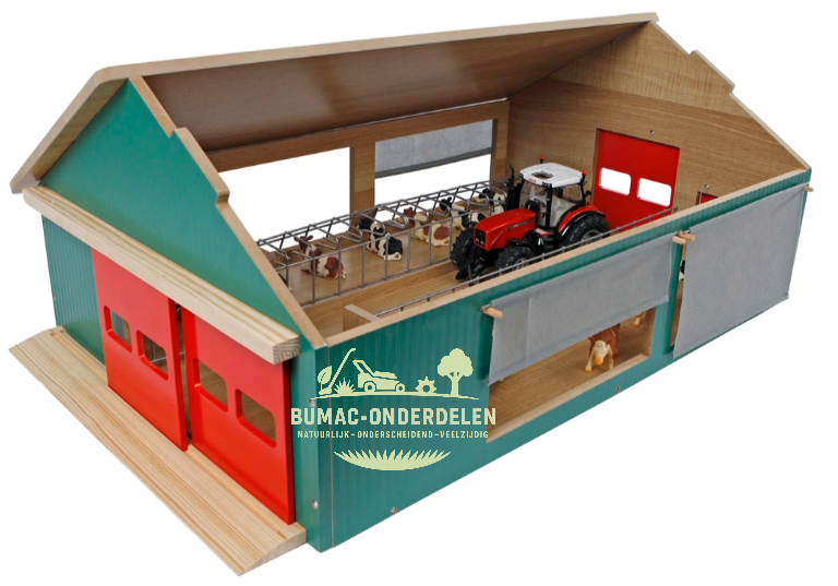 Kids Globe stal schaal 1:32 met 4x windbreekgaas, Grote Boerderij Speelset Schuur 64x44x27cm voor Koeien, Tractoren en Accessoires, speelgoed boerderijonderdeel