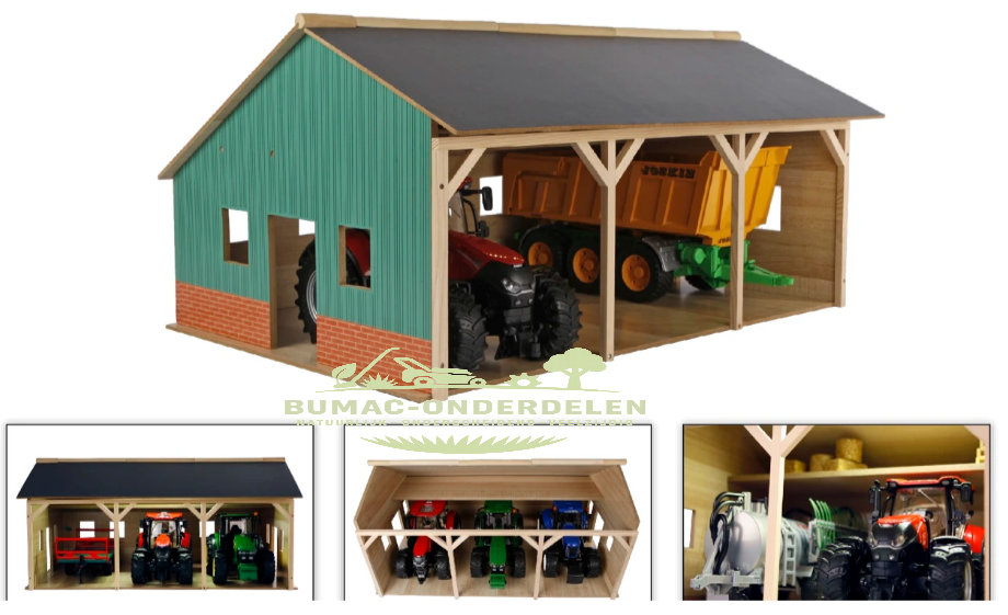 Kids Globe landbouwloods schaal 1:16, Grote Houten Speelgoedloods voor 3 Tractoren 55x77,5x38cm, Realistisch Boerderij Speelset, boerderijonderdeel