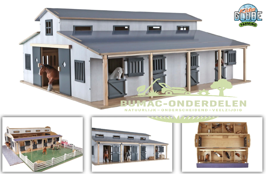 Kids Globe paardenstal schaal 1:24, Grote Speelgoedstal met 7 Boxen en Weiland 75x69x31cm, Realistisch Boerderij en Manege Speelset, boerderijonderdeel