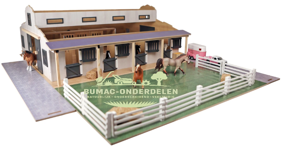 Kids Globe paardenstal schaal 1:24, Grote Speelgoedstal met 7 Boxen en Weiland 75x69x31cm, Realistisch Boerderij en Manege Speelset, boerderijonderdeel