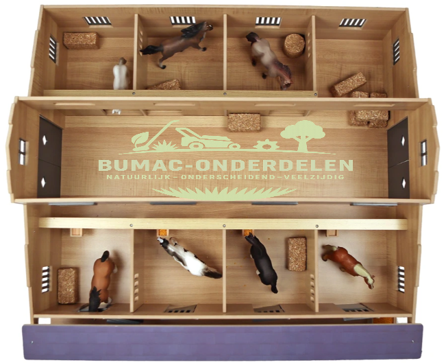 Kids Globe paardenstal schaal 1:24, Grote Speelgoedstal met 7 Boxen en Weiland 75x69x31cm, Realistisch Boerderij en Manege Speelset, boerderijonderdeel