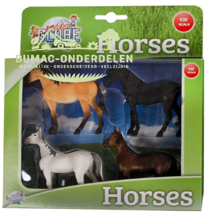 Kids Globe Farming 4 paarden 1:32 – realistische speelgoed paarden set (2 assorti) – boerderij- en manege-onderdeel voor Kids Globe speelgoedcollectie