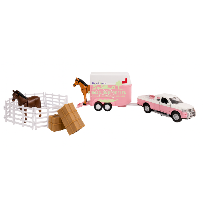 Kids Globe Paarden transportset – speelgoed auto met paardentrailer en paard in schaal 1:32 – realistische boerderij set voor jonge dierenliefhebbers – onderdeel voor Kids Globe boerderij en manege
