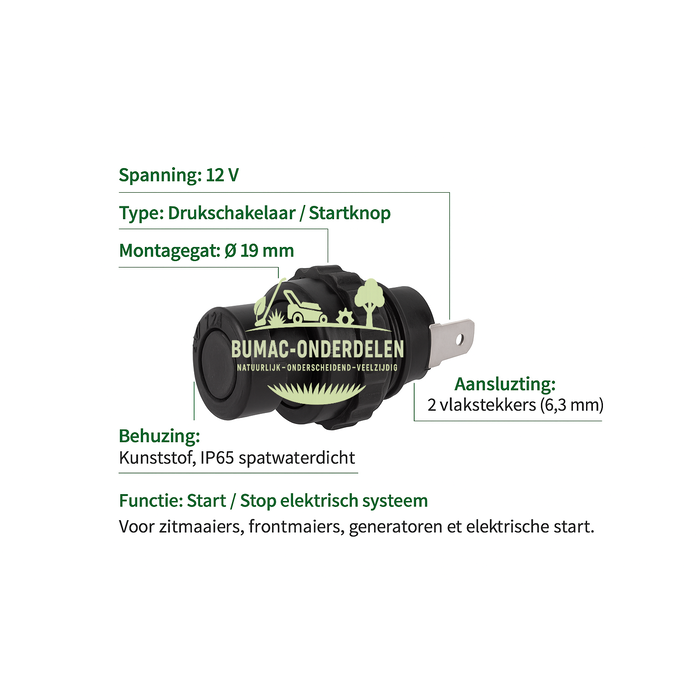 Drukschakelaar 12 V Universeel voor Grasmaaiers, Zitmaaiers, Frontmaaiers, Generatoren, Waterpompen en Kleine Motoren met Elektrische Start, kunststof uitvoering met rubber afdichting, onderdeel