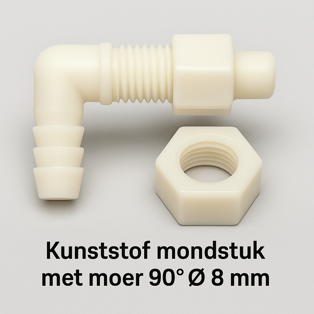 Kunststof mondstuk met borgmoer 90° Ø 8 mm, haakse doorvoer voor vloeistof- en luchtslangen, universeel onderdeel