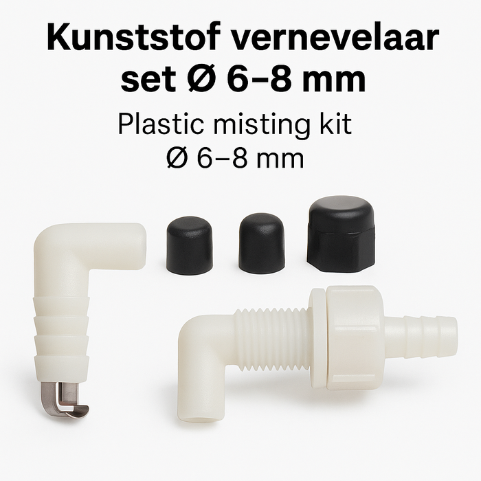 Kunststof vernevelaar set Ø 6-8 mm, complete aansluit- en doorvoerkit met doppen en mondstukken voor vloeistofsystemen