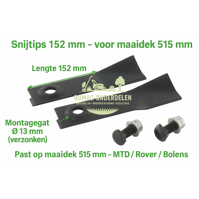 Mestip-set 152 mm voor MTD / Rover / Bolens maaidekken 515 mm – snijtip-set met bouten en moeren