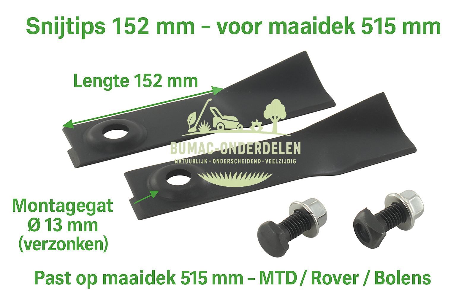 Mestip-set 152 mm voor MTD / Rover / Bolens maaidekken 515 mm – snijtip-set met bouten en moeren