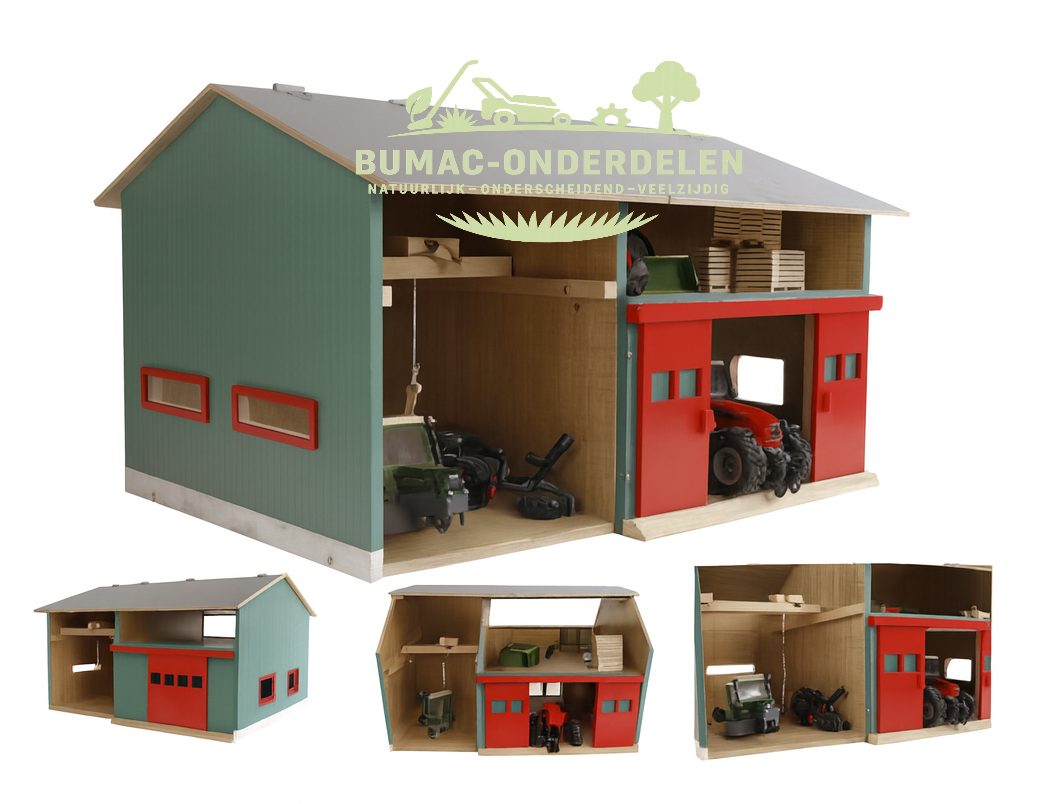 Kids Globe werkplaats met berging speelgoed loods, realistisch boerderijonderdeel schaal 1:32