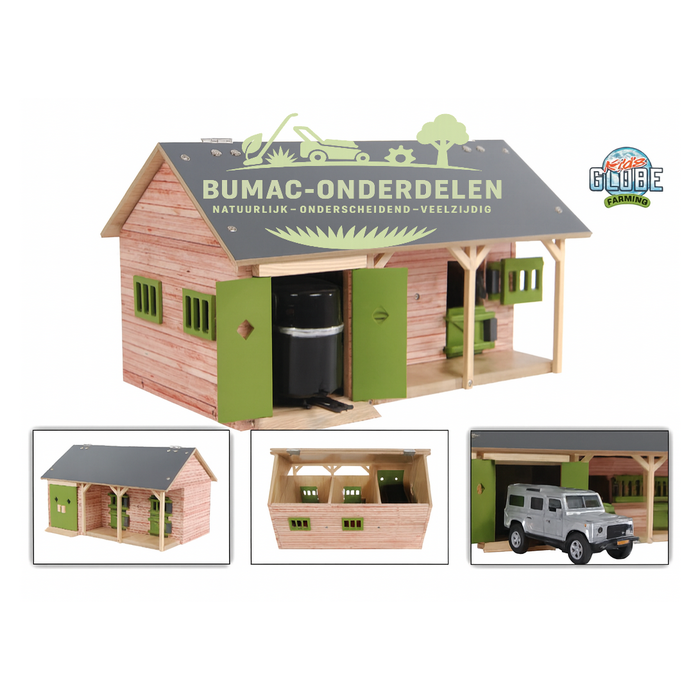 Kids Globe houten paardenstal met 2 paardenboxen en garage, schaal 1:32 speelgoed boerderijonderdeel