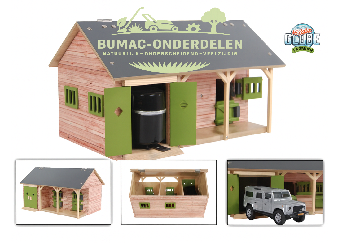 Kids Globe houten paardenstal met 2 paardenboxen en garage, schaal 1:32 speelgoed boerderijonderdeel
