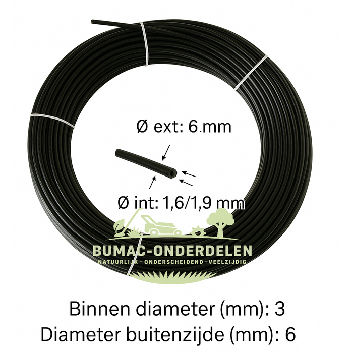 Universele buitenkabel Ø 6 mm zwart – kunststof kabelmantel onderdeel – rol 50 meter voor bediening, rem en gas bij tuin- en parkmachines