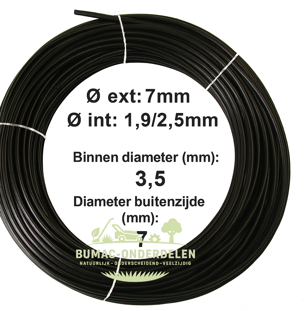 Universele buitenkabel Ø 7 mm zwart – kunststof kabelmantel onderdeel – rol 50 meter voor bediening, rem en gaskabels van tuin- en parkmachines