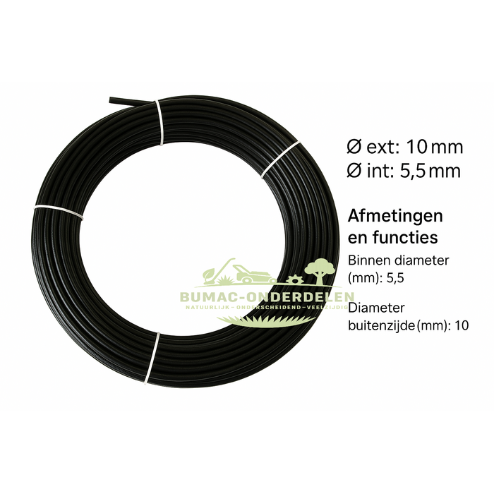 Universele buitenkabel Ø 10 mm zwart – kunststof kabelmantel onderdeel – rol 50 meter voor bediening, rem en gaskabels bij tuin- en parkmachines
