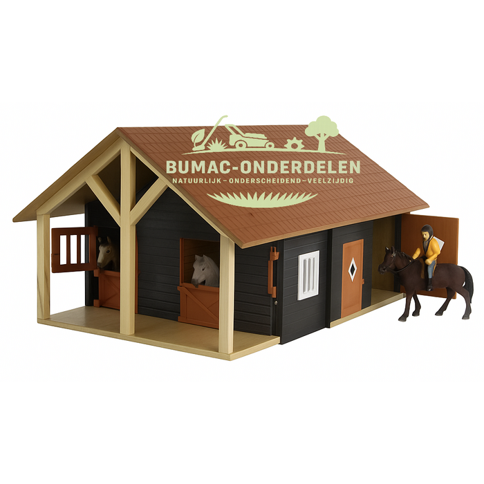 Kids Globe paardenstal met 2 boxen en werkplaats – schaal 1:24 – houten speelgoed boerderijonderdeel met details voor paardenliefhebbers