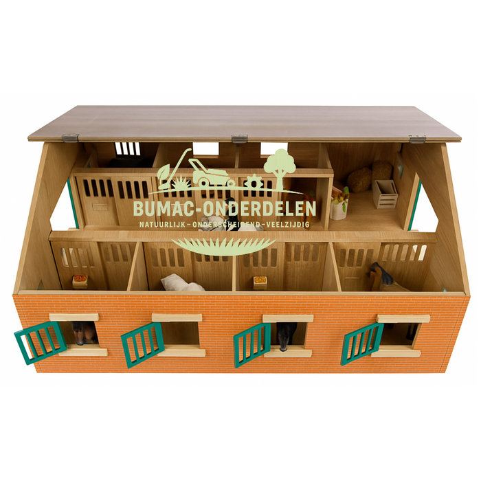 Kids Globe paardenstal met 7 boxen – schaal 1:24 – houten speelgoed boerderijonderdeel met ruime opstelling voor paardenliefhebbers