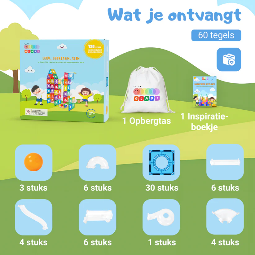 Gladi Tiles magnetische knikkerbaan 60-delig – kleurrijk en leerzaam magnetisch bouwspeelgoed voor jonge ontdekkers