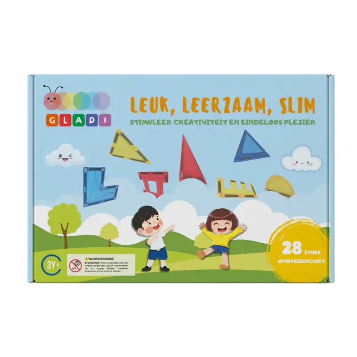 Gladi Tiles uitbreidingsset 28-delige magnetische bouwstenen voor kinderen, blauwe variant, educatief speelgoed