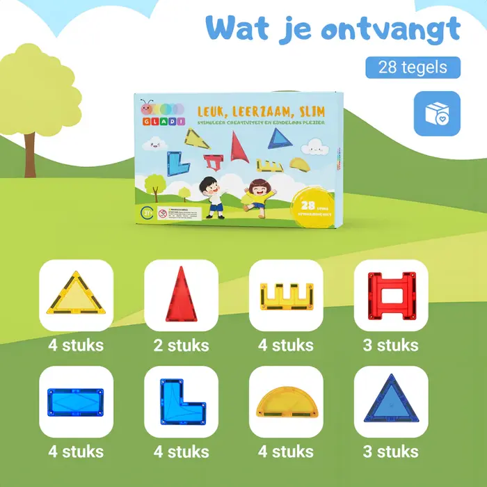 Gladi Tiles uitbreidingsset 28-delige magnetische bouwstenen voor kinderen, blauwe variant, educatief speelgoed