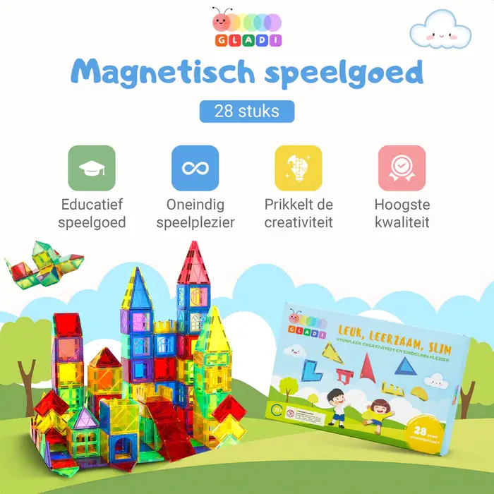 Gladi Tiles uitbreidingsset 28-delige magnetische bouwstenen voor kinderen, blauwe variant, educatief speelgoed