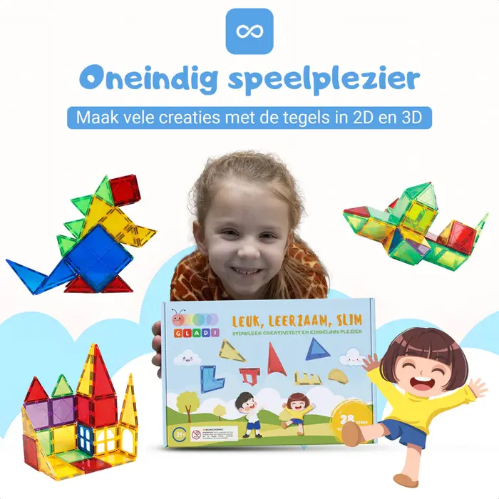 Gladi Tiles uitbreidingsset 28-delige magnetische bouwstenen voor kinderen, roze variant,  educatief speelgoed - Copy