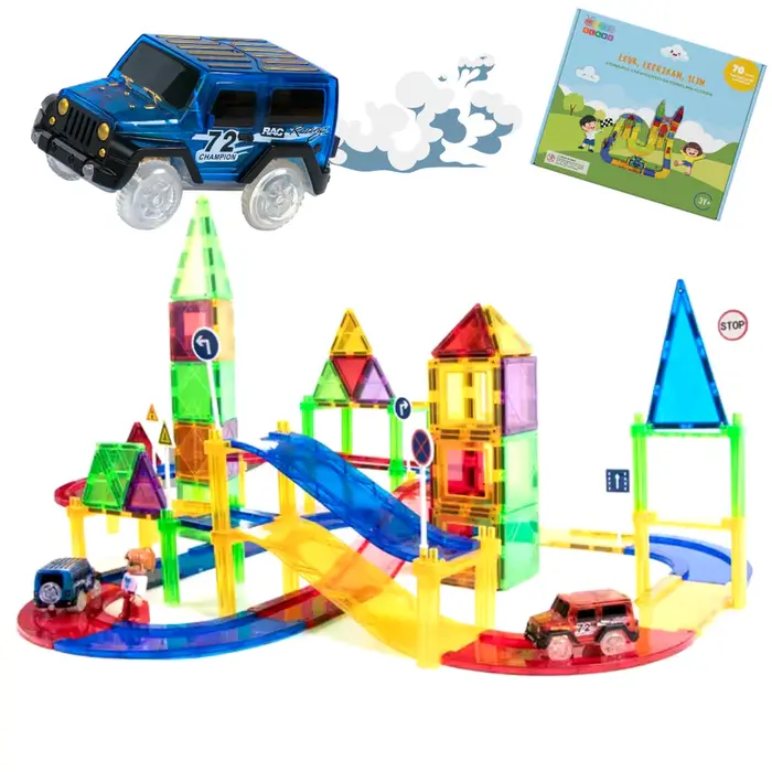 Gladi Tiles 70-delige magnetische racebaan met auto’s – educatief bouwspeelgoed voor kinderen