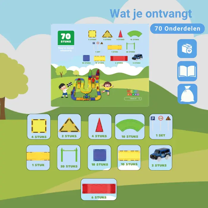 Gladi Tiles 70-delige magnetische racebaan met auto’s – educatief bouwspeelgoed voor kinderen