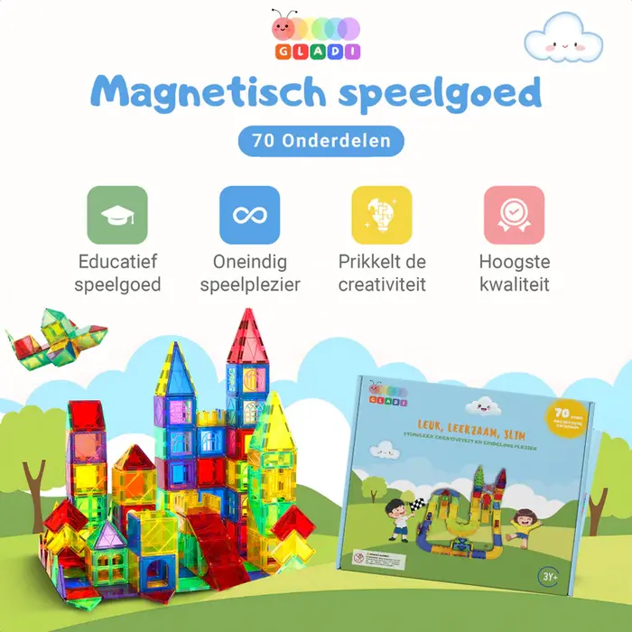 Gladi Tiles 70-delige magnetische racebaan met auto’s – educatief bouwspeelgoed voor kinderen