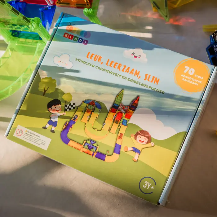 Gladi Tiles 70-delige magnetische racebaan met auto’s – educatief bouwspeelgoed voor kinderen