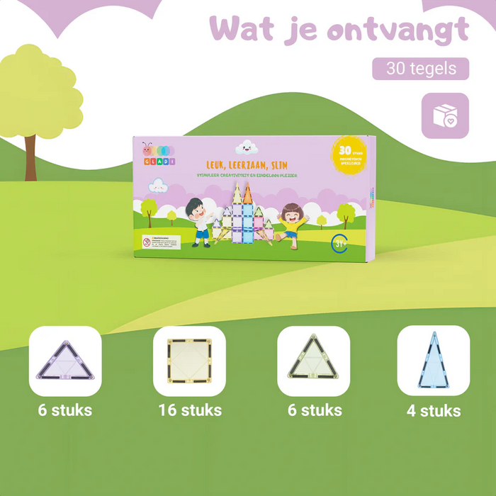 Gladi Tiles Pastel magnetisch educatief speelgoed 30-delig – kleurrijke bouwtegels voor kinderen