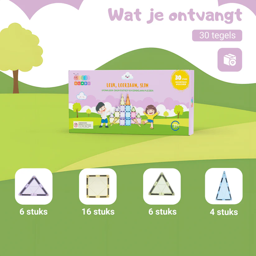 Gladi Tiles Pastel magnetisch educatief speelgoed 30-delig – kleurrijke bouwtegels voor kinderen