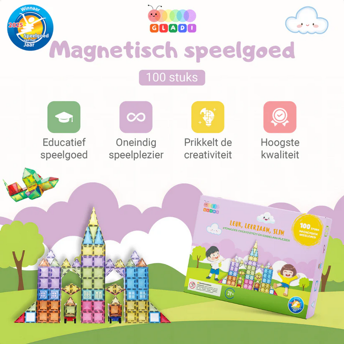 Gladi Tiles Pastel magnetisch educatief speelgoed 30-delig – kleurrijke bouwtegels voor kinderen