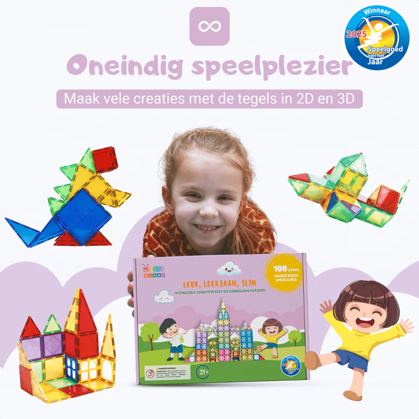 Gladi Tiles Pastel magnetisch educatief speelgoed 60-delig – kleurrijke bouwtegels voor kinderen
