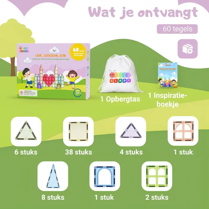 Gladi Tiles Pastel magnetisch educatief speelgoed 60-delig – kleurrijke bouwtegels voor kinderen