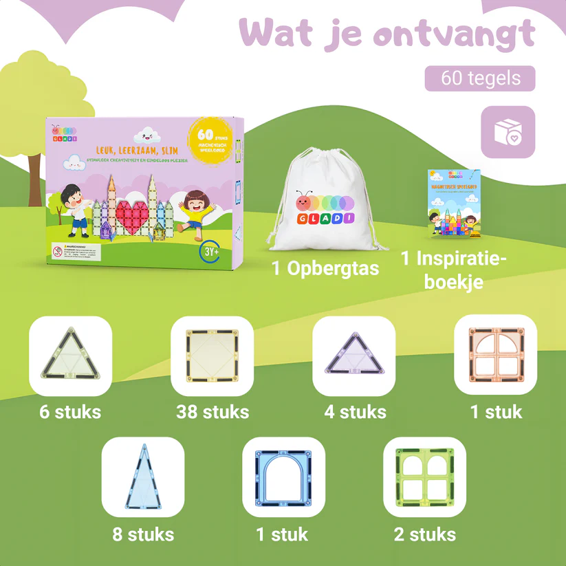 Gladi Tiles Pastel magnetisch educatief speelgoed 60-delig – kleurrijke bouwtegels voor kinderen