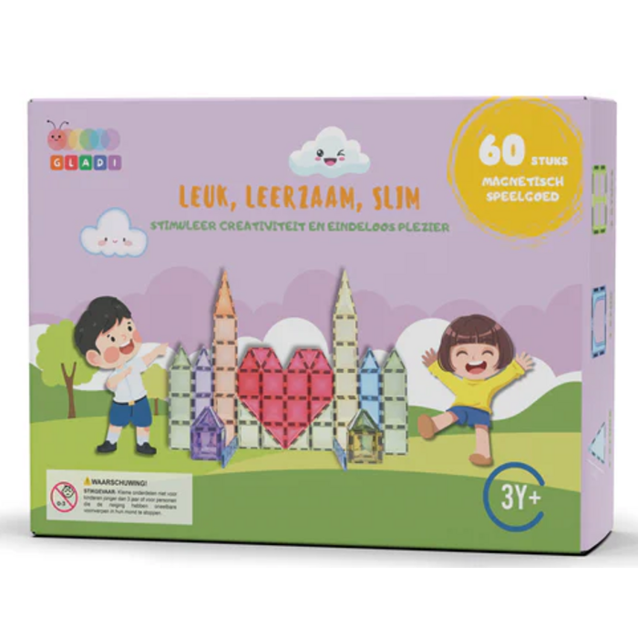 Gladi Tiles Pastel magnetisch educatief speelgoed 60-delig – kleurrijke bouwtegels voor kinderen