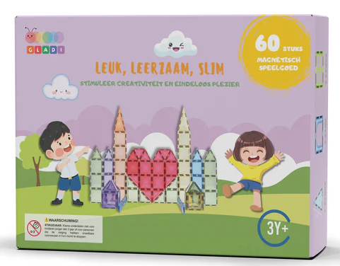 Gladi Tiles Pastel magnetisch educatief speelgoed 60-delig – kleurrijke bouwtegels voor kinderen