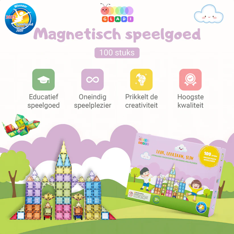 Gladi Tiles Pastel magnetisch educatief speelgoed 100-delig – kleurrijke bouwtegels voor kinderen