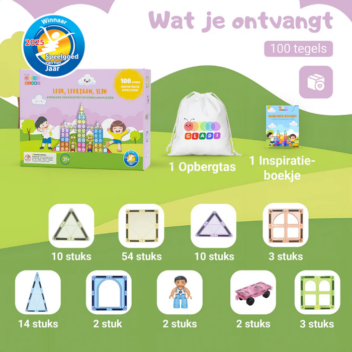 Gladi Tiles Pastel magnetisch educatief speelgoed 100-delig – kleurrijke bouwtegels voor kinderen