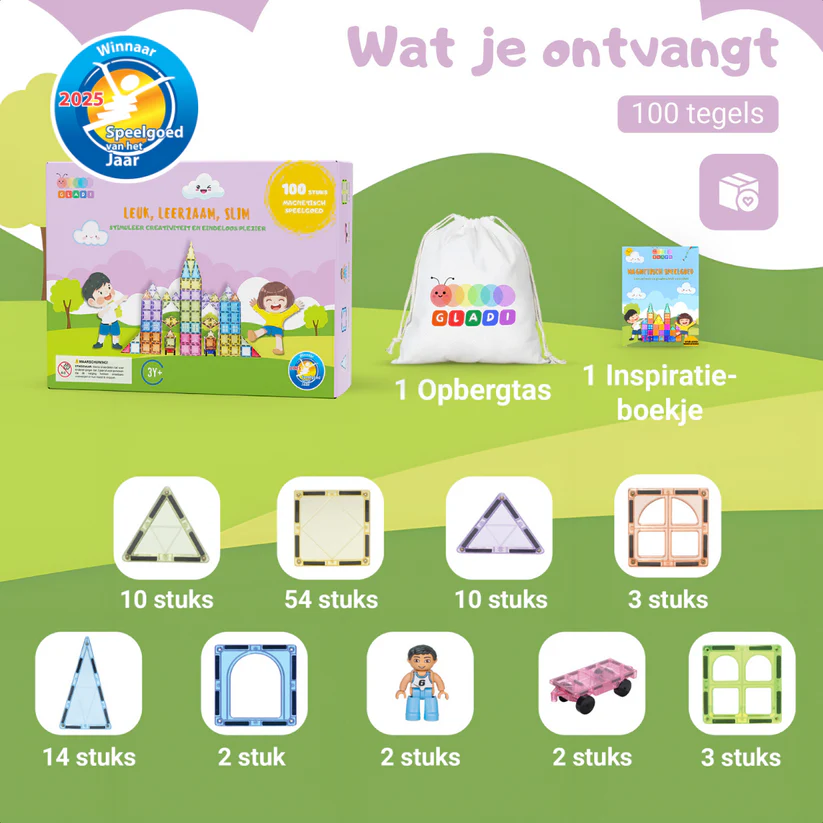 Gladi Tiles Pastel magnetisch educatief speelgoed 100-delig – kleurrijke bouwtegels voor kinderen