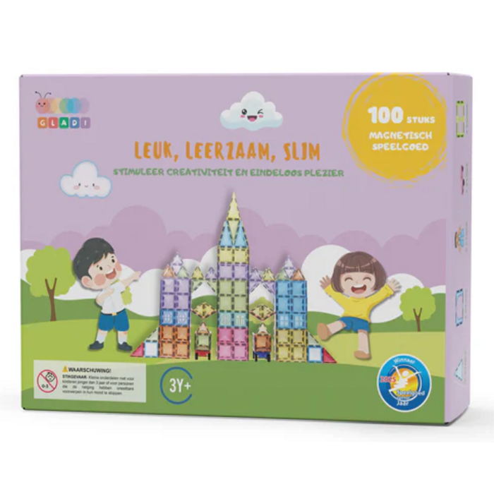 Gladi Tiles Pastel magnetisch educatief speelgoed 100-delig – kleurrijke bouwtegels voor kinderen