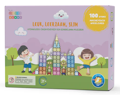 Gladi Tiles Pastel magnetisch educatief speelgoed 100-delig – kleurrijke bouwtegels voor kinderen
