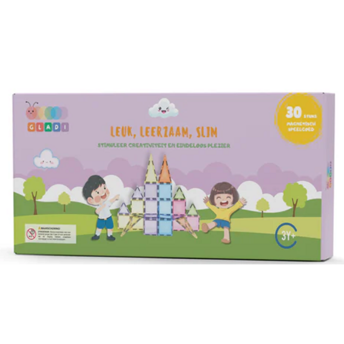 Gladi Tiles Pastel magnetisch educatief speelgoed 30-delig – kleurrijke bouwtegels voor kinderen