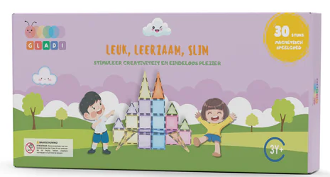 Gladi Tiles Pastel magnetisch educatief speelgoed 30-delig – kleurrijke bouwtegels voor kinderen