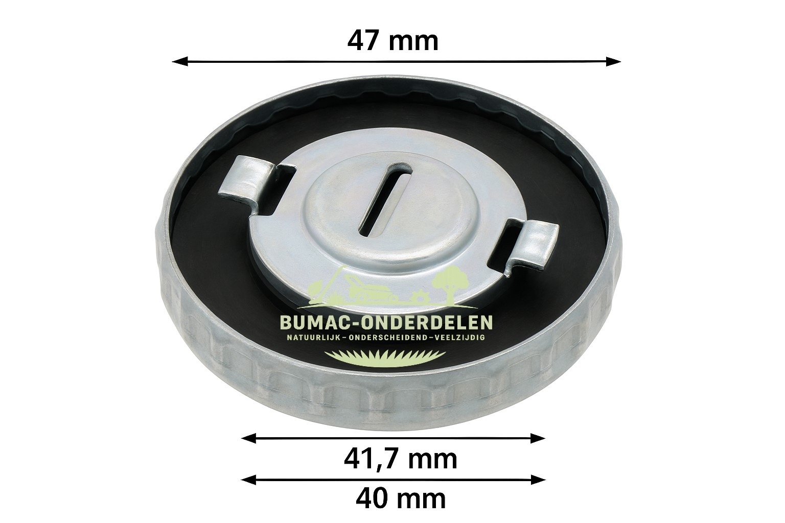 Universele metalen tankdop onderdeel voor oudere tuin- en parkmachines met Ø40 mm tankkraag