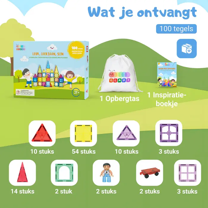 Gladi Tiles Pastel magnetisch educatief speelgoed 100-delig – kleurrijke bouwtegels voor kinderen