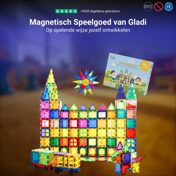 Gladi Tiles Pastel magnetisch educatief speelgoed 60-delig – kleurrijke bouwtegels voor kinderen